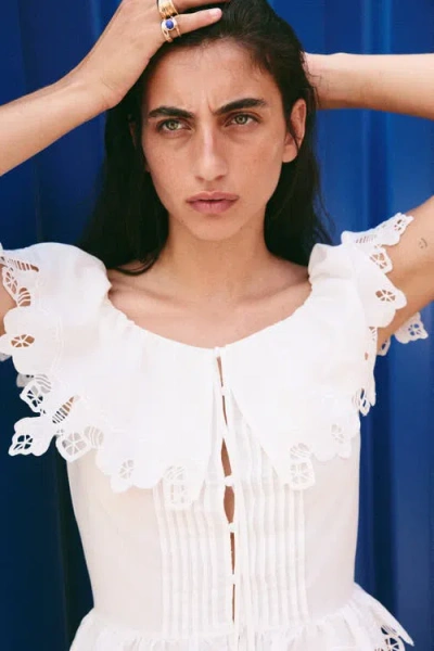 H&m Flounced Eyelet-embroidered Blouse In White