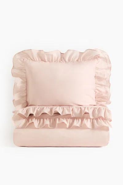 H&m Flounced King/queen Duvet Cover Set In Powder Pink