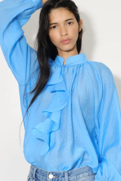 H&m Flounced Lyocell-blend Blouse In Bright Blue