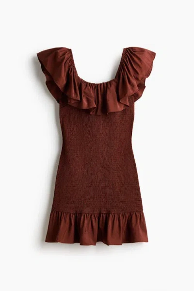 H&m Flounced Off-the-shoulder Dress In Brown
