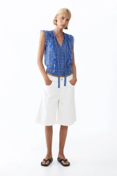 H&m Flounced Scarf-collar Blouse In Blue