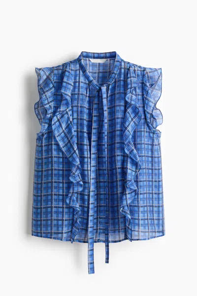 H&m Flounced Scarf-collar Blouse In Blue