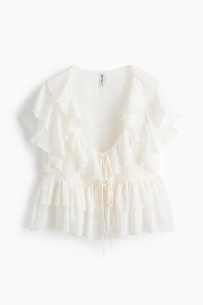 H&m Flounced Tie-front Blouse In White