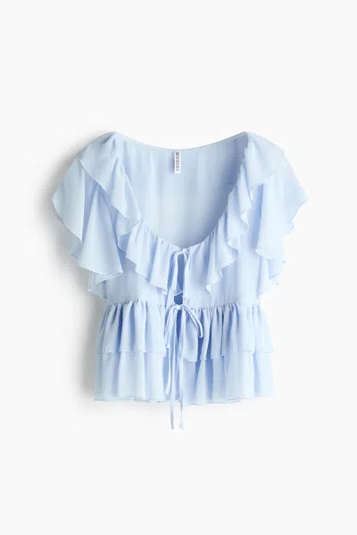 H&m Flounced Tie-front Blouse In Blue