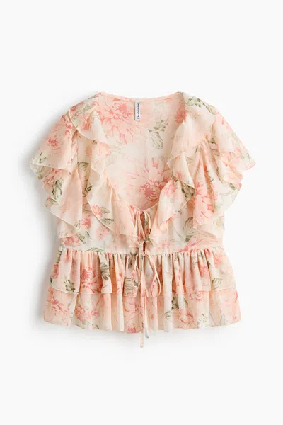 H&m Flounced Tie-front Blouse In Blue
