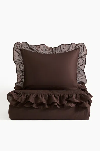H&m Flounced Twin Duvet Cover Set In Dark Brown