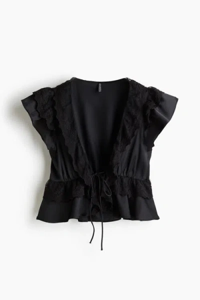 H&m Flounce-trimmed Satin Blouse In Black