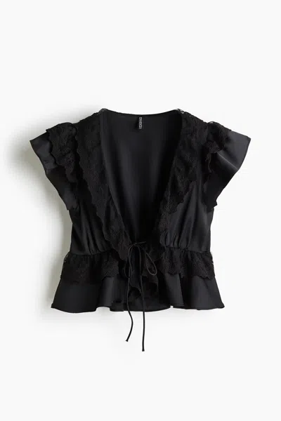 H&m Flounce-trimmed Satin Blouse In Black