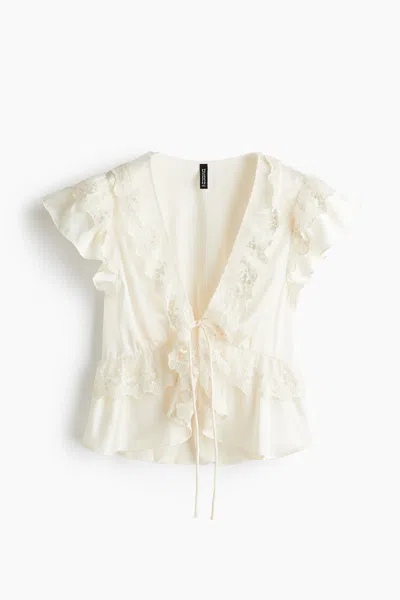 H&m Flounce-trimmed Satin Blouse In White