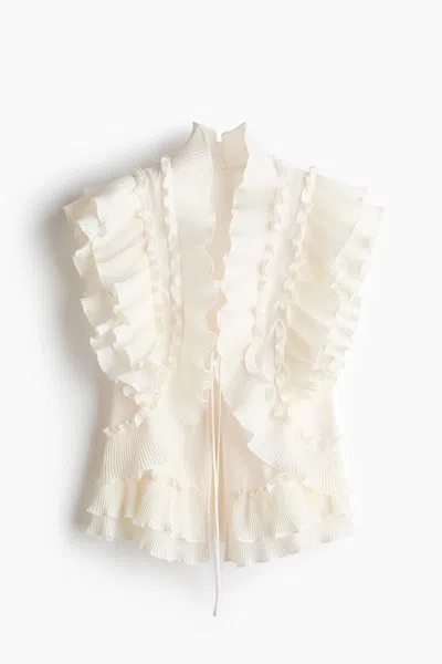 H&m Flounce-trimmed Tie-front Blouse In Neutral