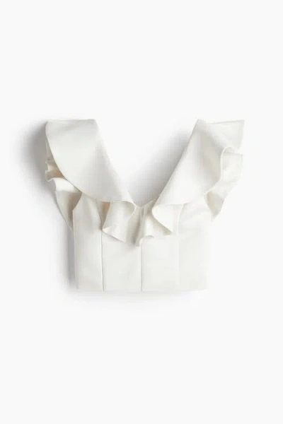 H&m Flounce-trimmed V-neck Top In Neutral