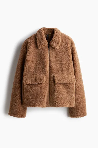 H&m Fluffy Jacket In Brown