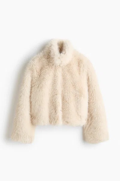 H&m Fluffy Jacket With Funnel Collar In White