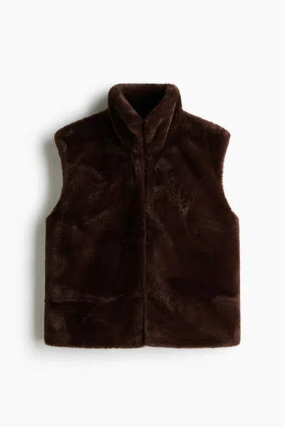 H&m Fluffy Vest With Funnel Collar In Brown