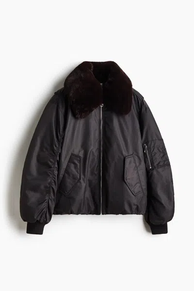 H&m Fluffy-collar Bomber Jacket In Brown