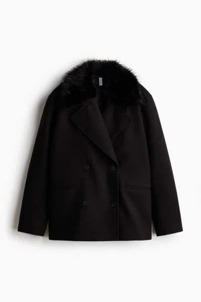 H&m Fluffy-collared Pea Coat In Black