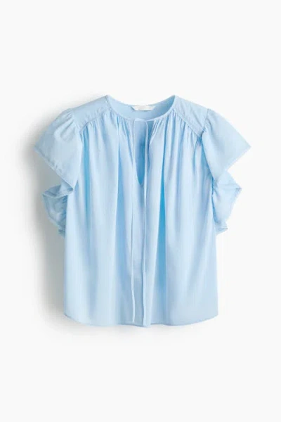 H&m Flutter-sleeved Lace-trimmed Blouse In Blue