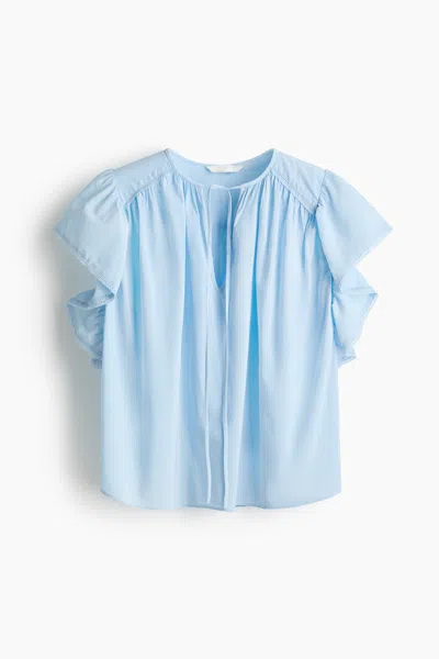 H&m Flutter-sleeved Lace-trimmed Blouse In Blue