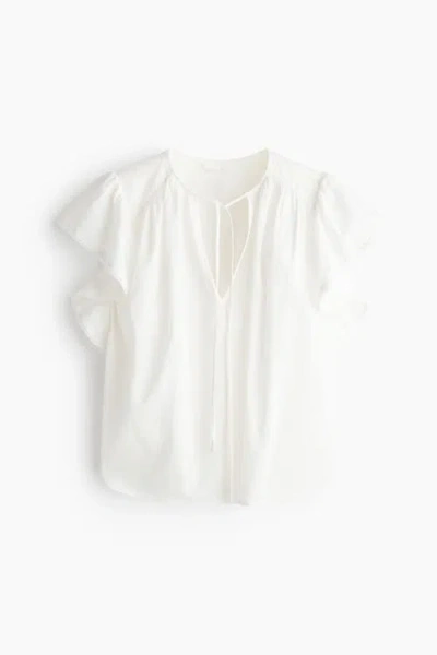 H&m Flutter-sleeved Lace-trimmed Blouse In White