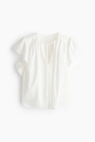 H&m Flutter-sleeved Lace-trimmed Blouse In White