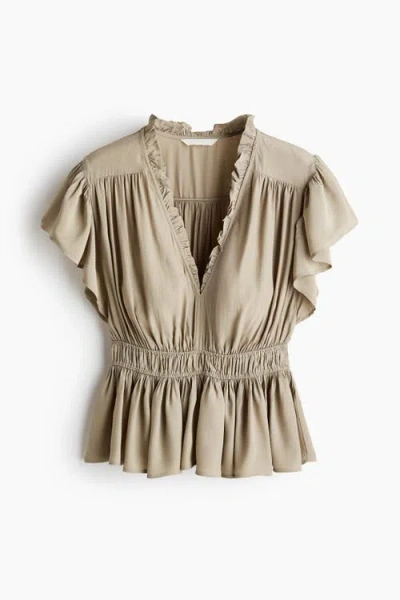 H&m Flutter-sleeved Peplum Blouse In Brown