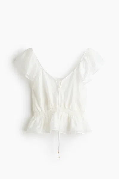 H&m Flutter-sleeved Peplum Blouse In White