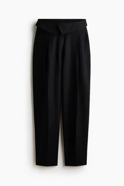 H&m Foldover-waist Linen-blend Trousers In Black