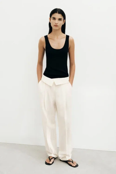 H&m Foldover-waist Linen-blend Trousers In Black