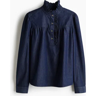H&m Frill-collared Denim Blouse In Blue
