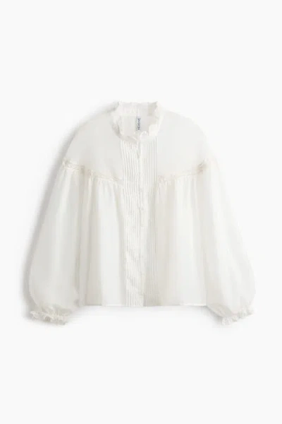 H&m Frill-trimmed Balloon-sleeved Blouse In White