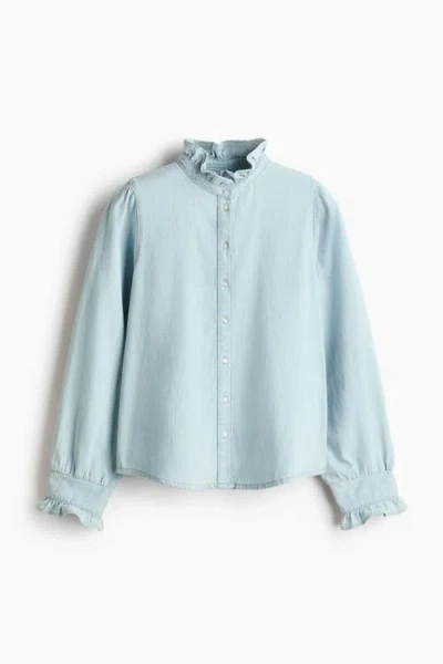 H&m Frill-trimmed Denim Blouse In Blue