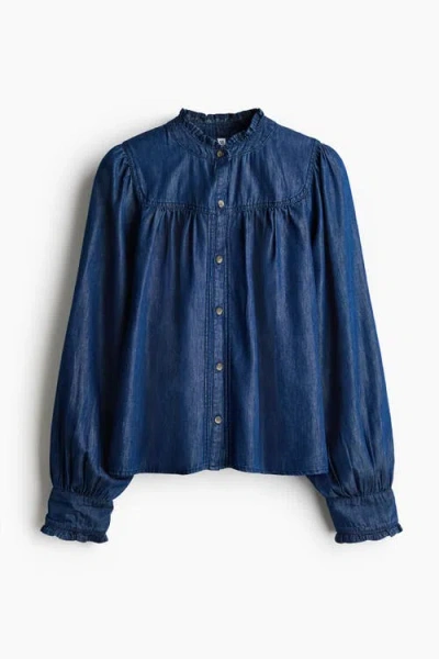 H&m Frill-trimmed Denim Blouse In Blue