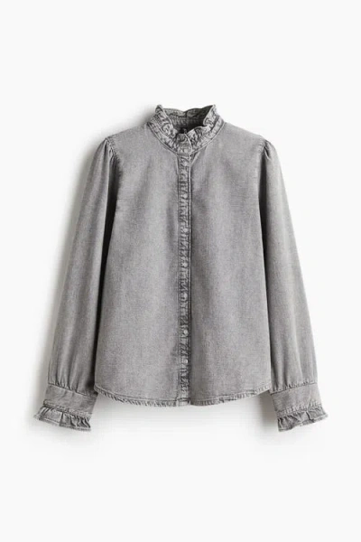 H&m Frill-trimmed Denim Blouse In Gray