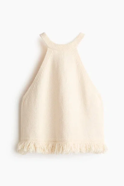H&m Fringe-trimmed Knitted Top In White