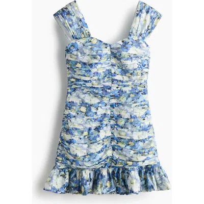 H&m Gathered Frill-trimmed Dress In Blue