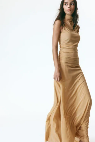 H&m Gathered Mesh Dress In Brown