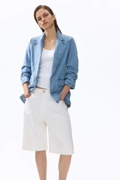 H&m Gathered-sleeve Denim Blazer In Blue