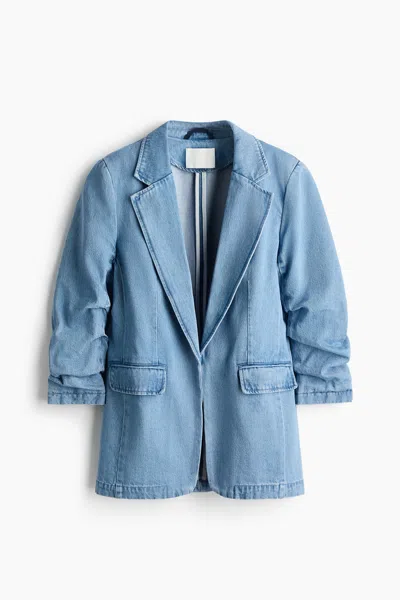 H&m Gathered-sleeve Denim Jacket In Denim Blue