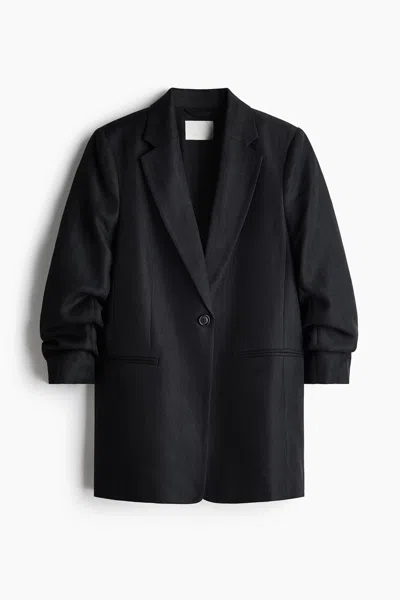 H&m Gathered-sleeve Jacket In Black
