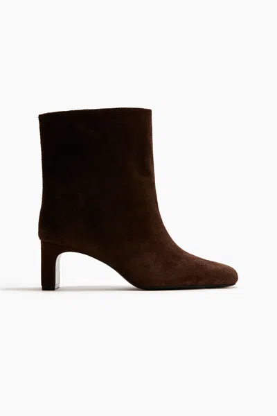 H&m Heeled Split Suede Ankle Boots In Brown