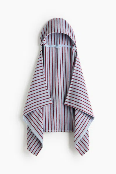 H&m Hooded Bath Towel In Light Blue/dark Red Striped