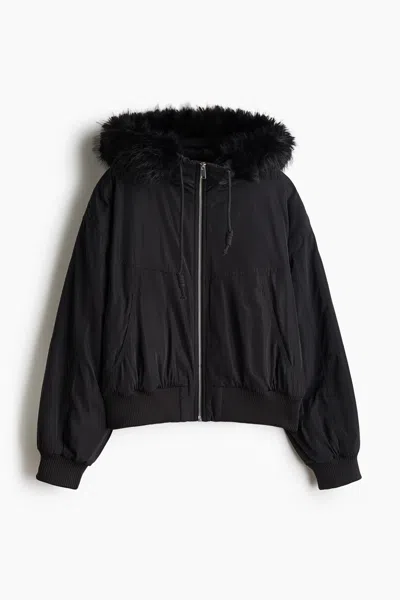 H&m Hooded Bomber Jacket In Black