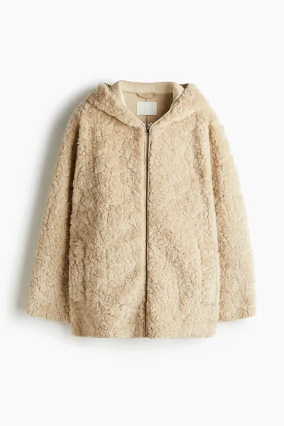H&m Hooded Teddy Fleece Jacket In Nude