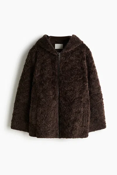 H&m Hooded Teddy Fleece Jacket In Brown