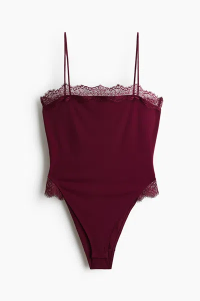 H&m Lace-detail Bodysuit In Burgundy