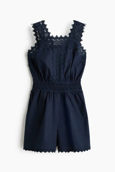 H&m Lace-detail Cotton Playsuit In Blue