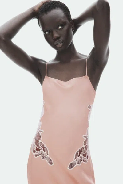 H&m Lace-detail Satin Dress With Scarf In Pink