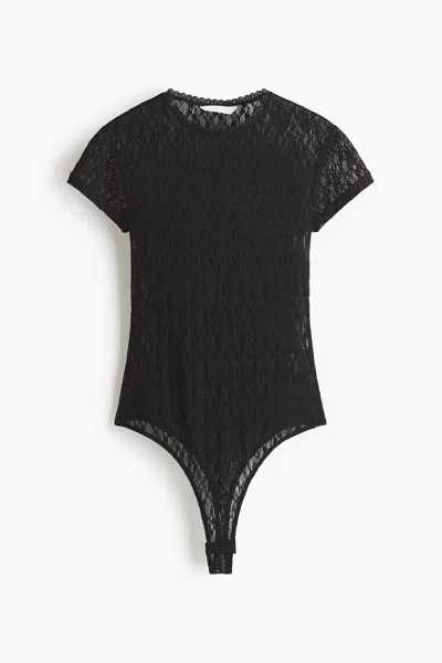 H&m Lace-look Jersey Thong Bodysuit In Black