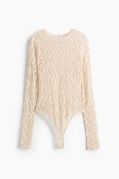H&m Lace-look Thong Bodysuit In Neutral