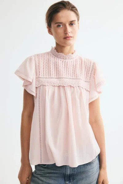 H&m Lace-trimmed Flutter-sleeved Blouse In Pink